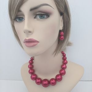 Red Metallic Pearl Necklace Earrings Set